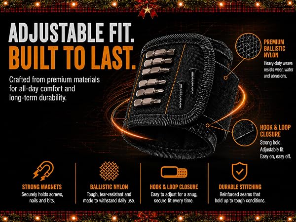 Adjustable ballistic nylon magnetic wristband with durable stitching and hook-and-loop closure.