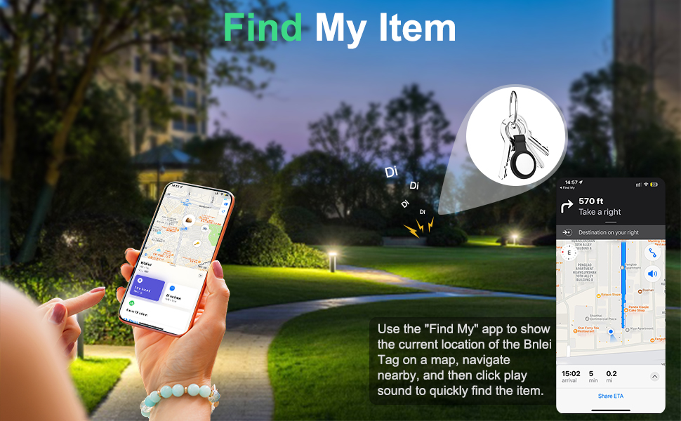 Text reads 'Link my item'. Series of mobile app interface screenshots showing device pairing or connection process in an outdoor setting.