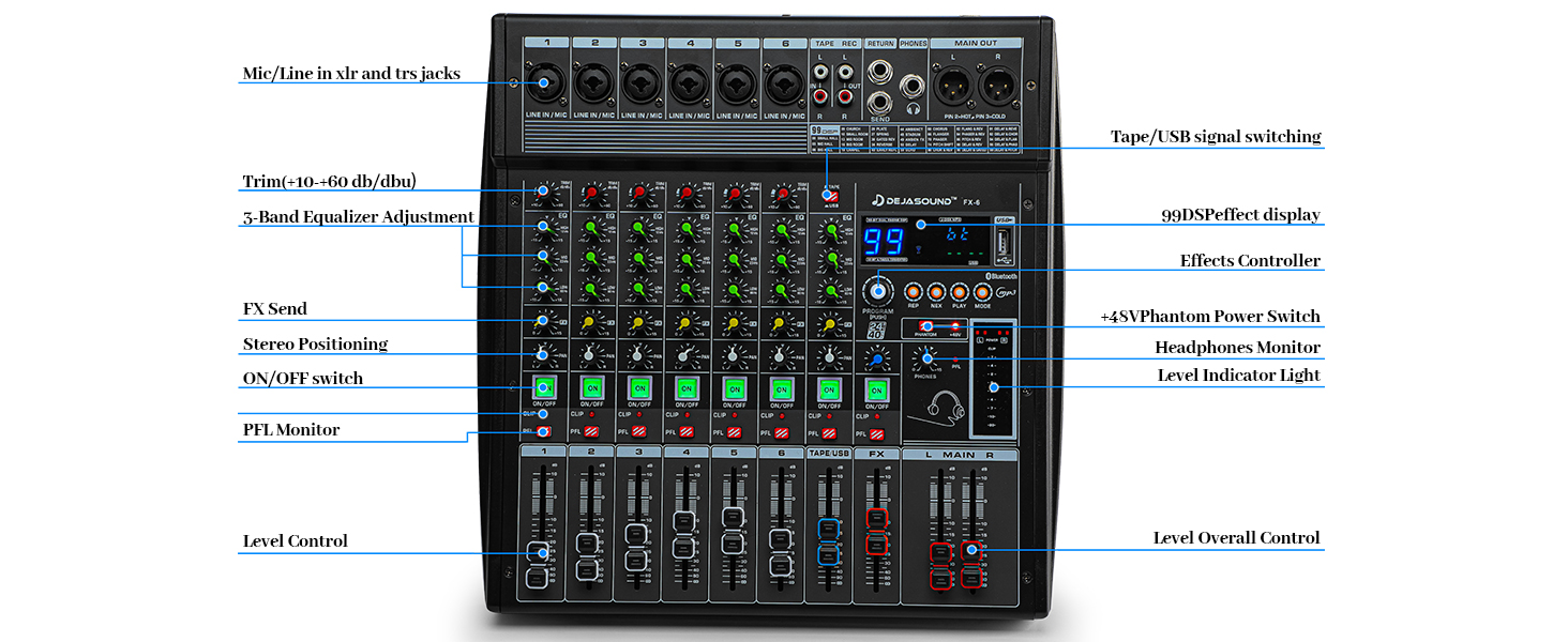 6 Channel Audio Mixer,Professional Audio Mixer,Mixing Console,Audio Mixer