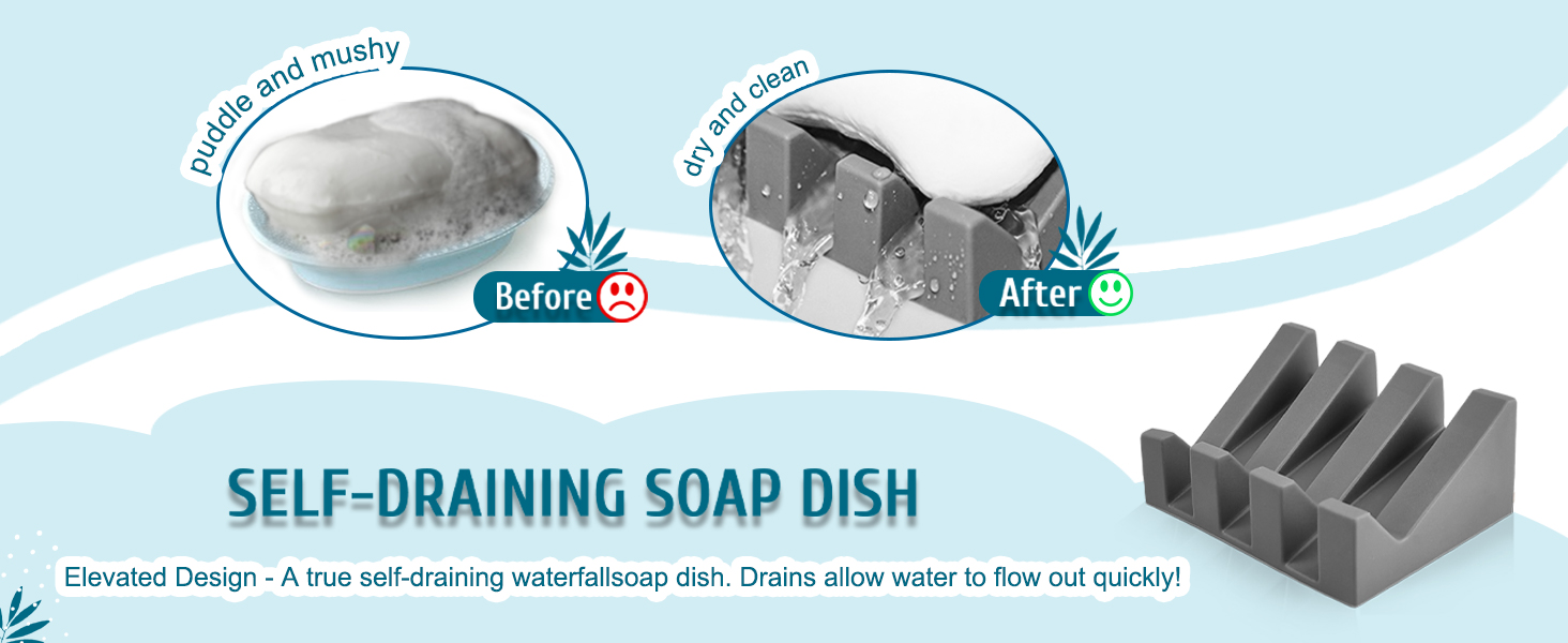 Say goodbye to mushy soap with our self-draining silicone soap holder.