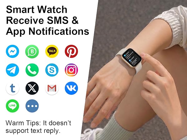 Text reads "Smart Watch / Receive SMS &amp; / App Notifications" "Warm Tips: It doesn't / support live reply". Smartwatch with square display worn on wrist with app icons displayed above.