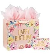 13" Large Happy Birthday Gift Bag with Card and Tissue Papers for Women Girls Floral Design with ...