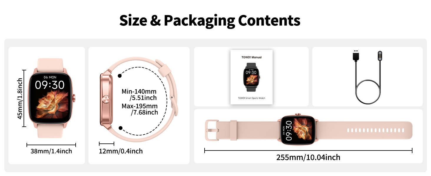 smart watch for women Size &amp;amp; Packaging Contents