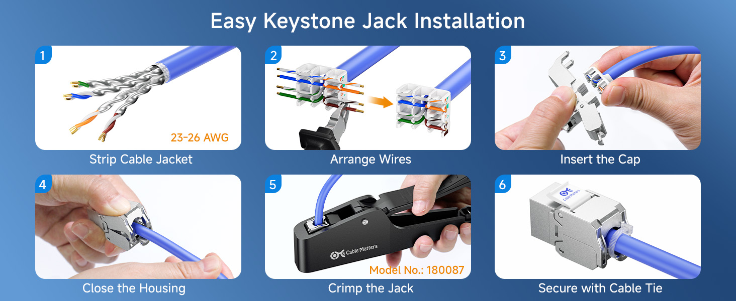10Gbps 6-Pack RJ45 Shielded Cat6A / Cat6 Keystone Jack with Integrated Shutter