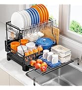 TOOLF Extendable Dish Drying Rack, 2-Tier Dish Rack for Kitchen Counter, Large Expandable Dish Dr...