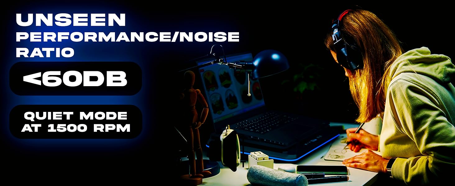Text reads 'UNSEEN PERFORMANCE/NOISE RATIO <60DB QUIET MODE AT 1600 RPM'. Dark performance setting with illuminated equipment and operator.