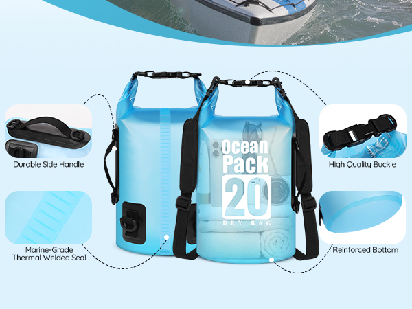 20l dry bag: durable side handle, welded seal, quality buckle, robust bottom