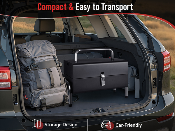 Car trunk storage demonstration showing luggage and cargo organization capabilities with 'Compact &amp; Easy to Transport' header text.