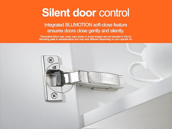 A close-up of a door hinge installed in a white cupboard. Text reads: Silent door control.