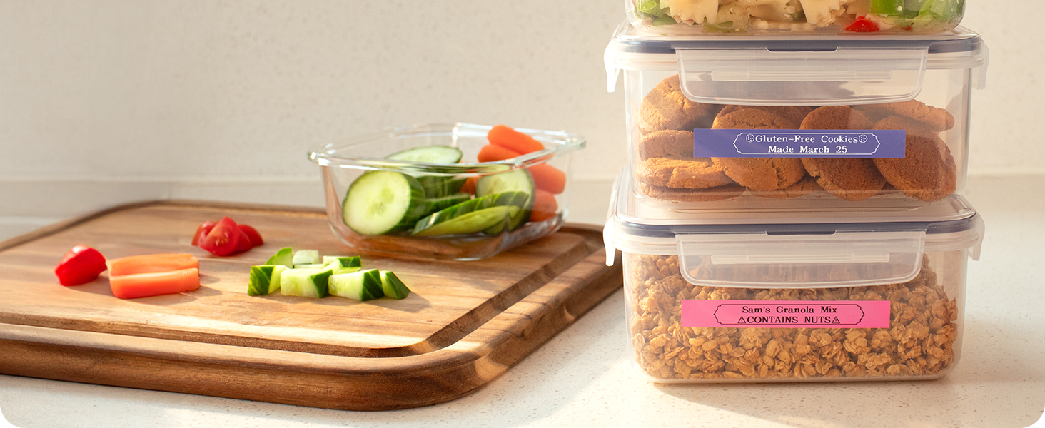 Labelled meal prep containers: Gluten-Free Cookies; Made March 25; Sam&amp;#39;s Granola Mix; CONTAINS NUTS