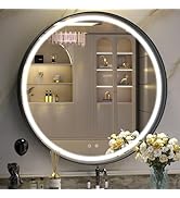 Hasipu 30” LED Bathroom Mirror with Light, Round Black Metal Frame Bathroom Mirrors for Vanity An...
