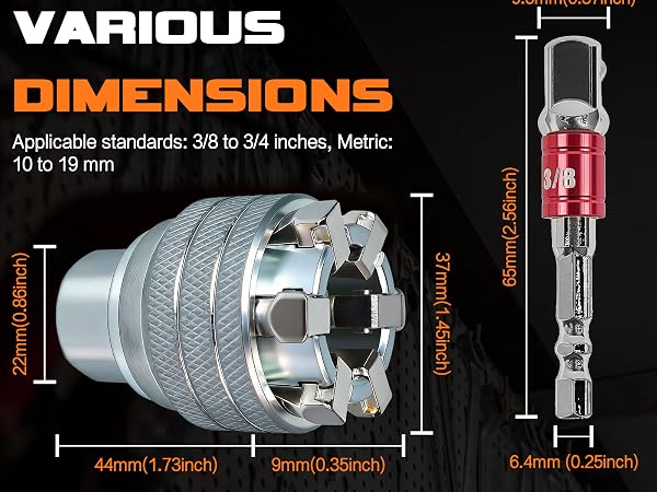 Universal Socket 10-19mm 3/8-3/4 Inch SAE Metric Size Chart