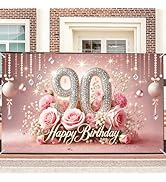 Nuxovilar 90th Birthday Banner - Elegant Pink &amp; Gold Floral Backdrop with Glitter "90" Sign, 71x4...