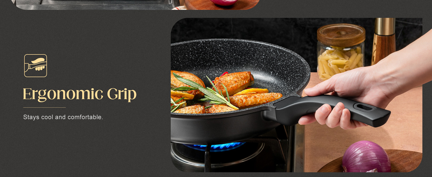 nonstick frying pan with silicone handle, ease of cleaning, works well on all cooktops, durable