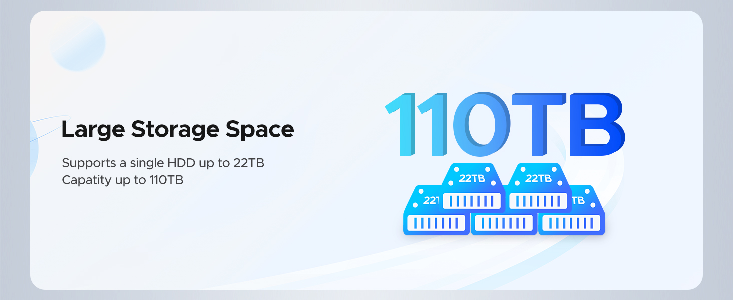 Digital storage infographic showing '110TB' in blue text with cloud storage icons, indicating large data capacity up to 110 terabytes.