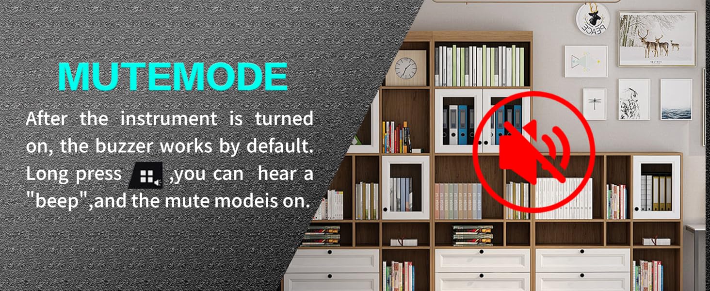 Default buzzer on power-on; long press to mute, with a beep to confirm.