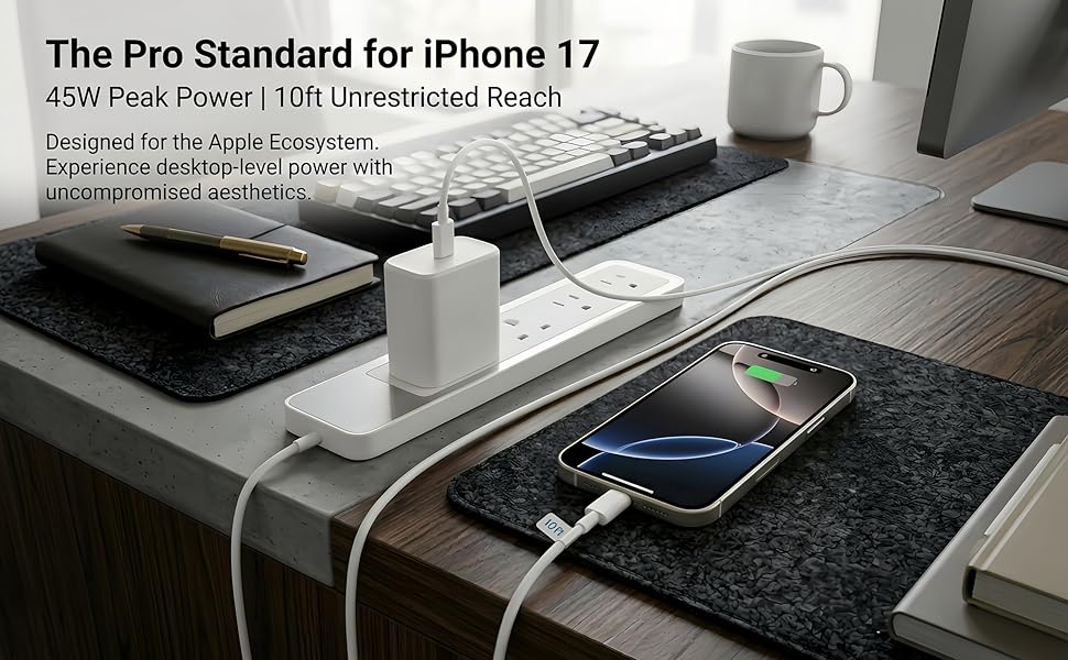 45W USB-C fast charger for iPhone 17 Pro Max and Apple devices with 10ft long cable