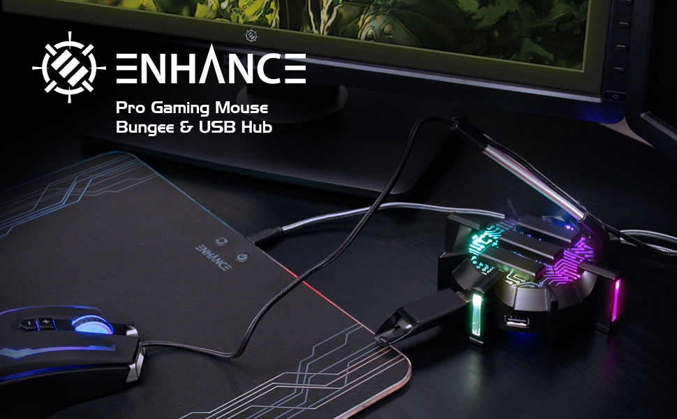 Mouse bungee on desk wiht mouse and mouse pad