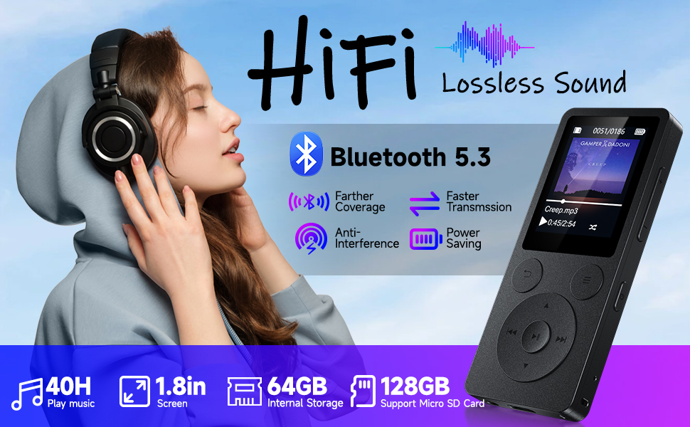 Small Kids MP3 Player with Bluetooth 5.3 Built-in Speaker FM Radio Voice Recorder Lightweight Resume