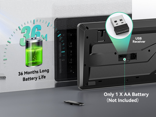 Digital device battery indicator showing 36-month battery life with USB receiver and single AA battery requirement illustration.