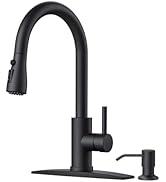 FORIOUS Black Kitchen Faucet with Soap Dispenser and Pull Down Sprayer, High Arc Single Handle Cl...