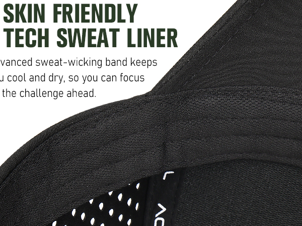 Close-up of a black sweat-wicking headband labeled 'Skin Friendly Tech Sweat Liner'. The product features an advanced moisture-wicking band designed to keep users cool and dry during physical activities.
