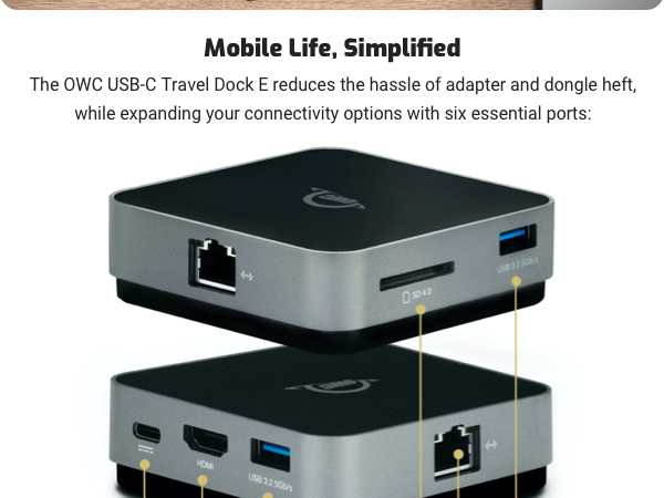Type-A ports, HDMI 2.0 port, SD card reader, Gigabit Ethernet port, and USB-C power pass through