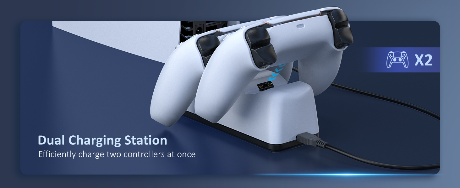 One dock shows two PS5 controllers charging from the back.