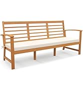 Tangkula 64 Inch Patio Acacia Wood Bench, 3-Seat Extra Long Chair with Cushion, Slatted Seat &amp; Ba...
