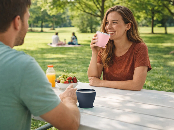 Drink beverages from a camping cup while camping outdoors.