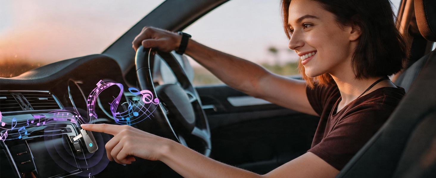 Woman presses C28 button in car aux port; cyan LED glows; music streams wirelessly