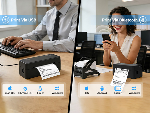 thermal printer supporting Bluetooth for iPhone, Android; USB for Mac, Windows, Linux, ChromeOS