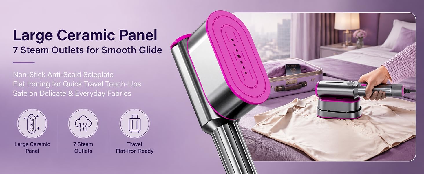 Large ceramic panel, non-stick anti-scald soleplate, 7 steam outlets for smooth glide