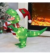 WATERGLIDE Lighted Christmas Green Dinosaur, 22.5 Inch Pre-Lit 3D Tinsel Tyrannosaurus Xmas Red H...