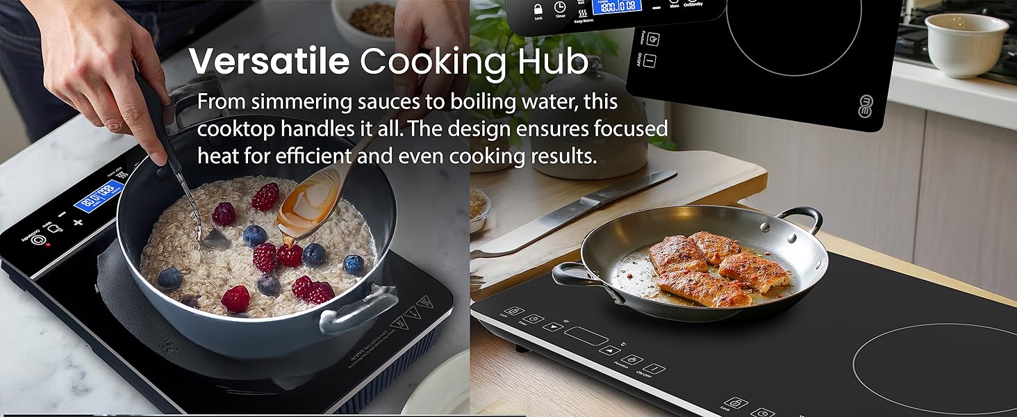 Induction cooktop cooking oatmeal and chicken, showcasing efficient heating