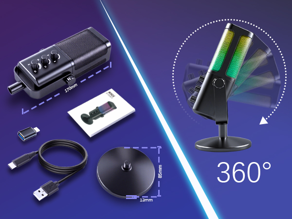 Gaming LED light strip setup with control box, showing '360°' rotation capability icon. Includes USB cable, mounting base, and RGB light display demonstration.