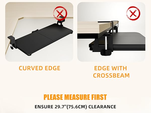 Text reads 'CURVED EDGE', 'EDGE WITH CROSSBEAM', 'PLEASE MEASURE FIRST'. Product installation guide showing different edge types with warning symbols.