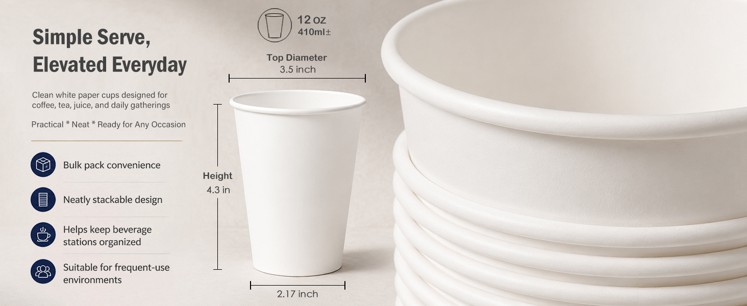 12 oz Disposable Paper Coffee Cups, 100 Count – Leak-Resistant White Cups for Hot &amp; Cold Drinks