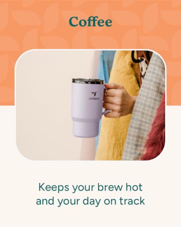 Image of woman holding insulated tumbler with text reading coffee.
