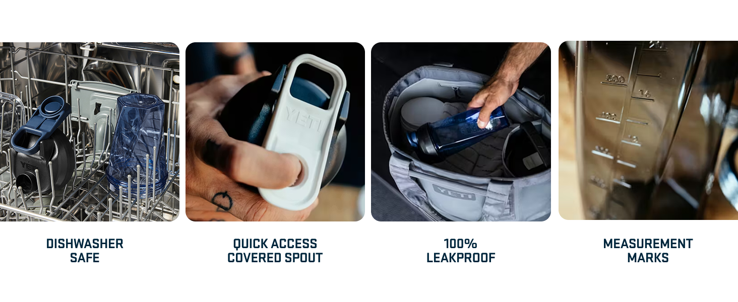 dishwasher safe, 100% leakproof, quick access covered spout, measurement marks