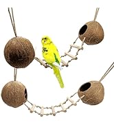 2PCS Bird Hides Coconut Nest with Wood Ladder,Syrian Hamster Cage Hanging Natural Coco Shell Hut ...