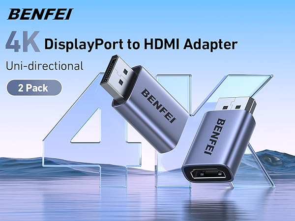 Text reads 'BENFEI' and '4K DisplayPort to HDMI Adapter' and 'Uni-directional'. Product images showing DisplayPort to HDMI adapter connection and usage.