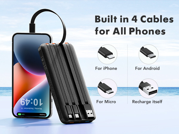 Text reads 'Built in 4 Cables for All Phones' with icons for 'For iPhone', 'For Android', 'For Micro', 'Recharge itself'. Black multi-cable charging device with smartphone displayed, featuring integrated Lightning, USB-C, Micro-USB, and additional connectors.