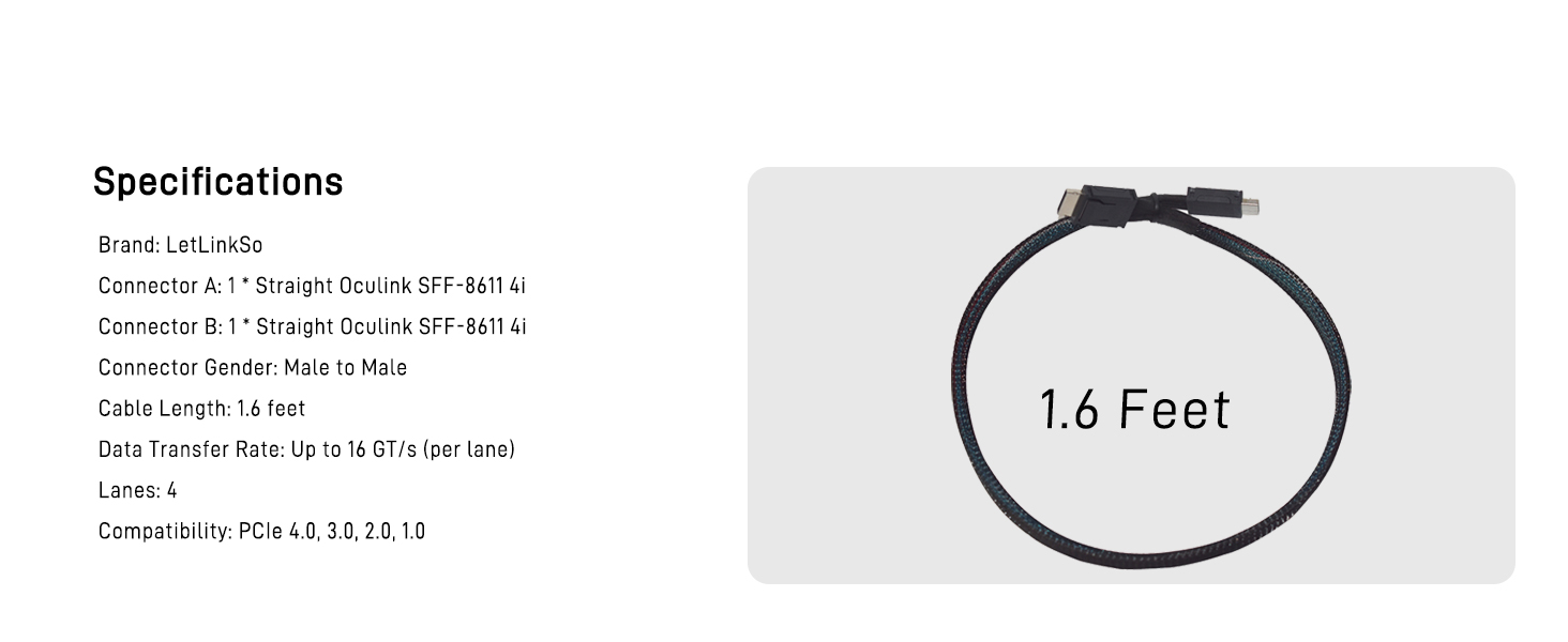LetLinkSo Gen4 PCIe 4.0 Oculink SFF-8611 Connector Adapter 4i Male Extension Cable