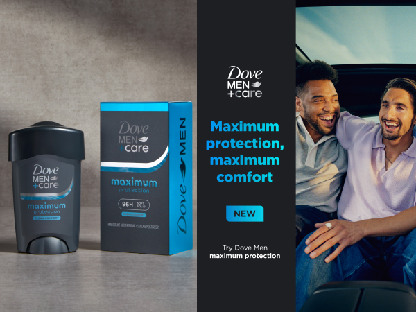 Soft solid stick &amp; box next to a column with text &amp; then a picture of 2 men celebrating &amp; hugging.