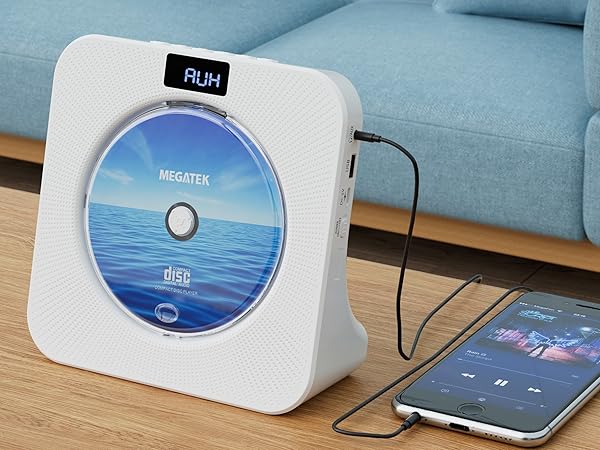 MEGATEK CP28BR Portable Desktop CD Player with AUX Input is Connected with a Smart Phone