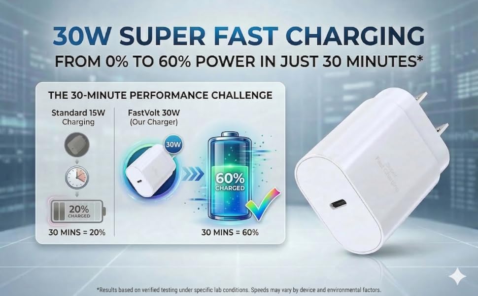 30W charger rapid charging visual, 60% vs 20% in 30 minutes.