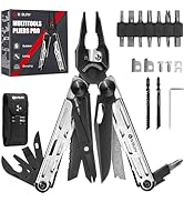Multitools pliers set featuring stainless steel pliers, various tool attachments, and a carrying case. Includes screwdriver bits, saw blades, and additional accessories for outdoor and DIY use.