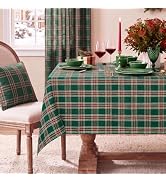 Softalker Christmas Checkered Tablecloth for 6 Foot Rectangle Table - Green Plaid Linen Cotton Gi...