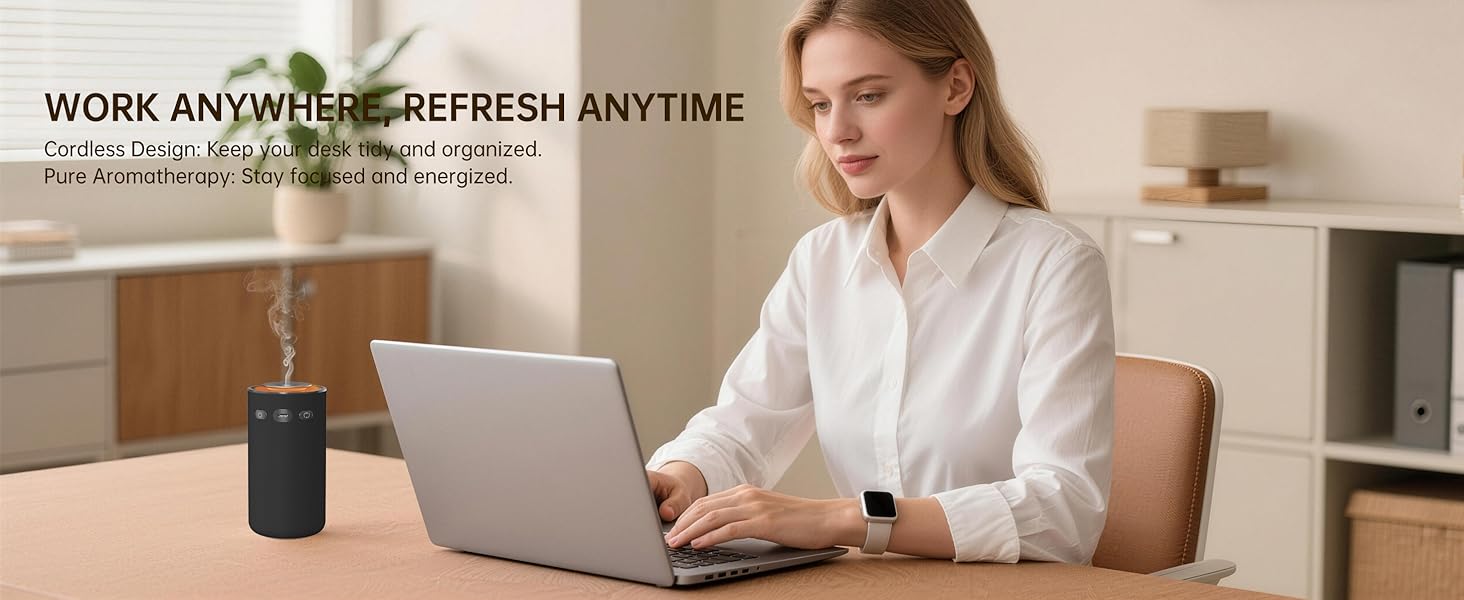 Text reads: 'WORK ANYWHERE, REFRESH ANYTIME'. Person in white shirt working at laptop with small black device on desk in home office setting.
